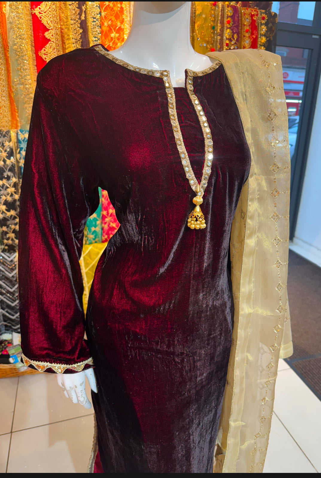 Velvet 3 piece Formal Wear in Maroon and Skin Fancy suit