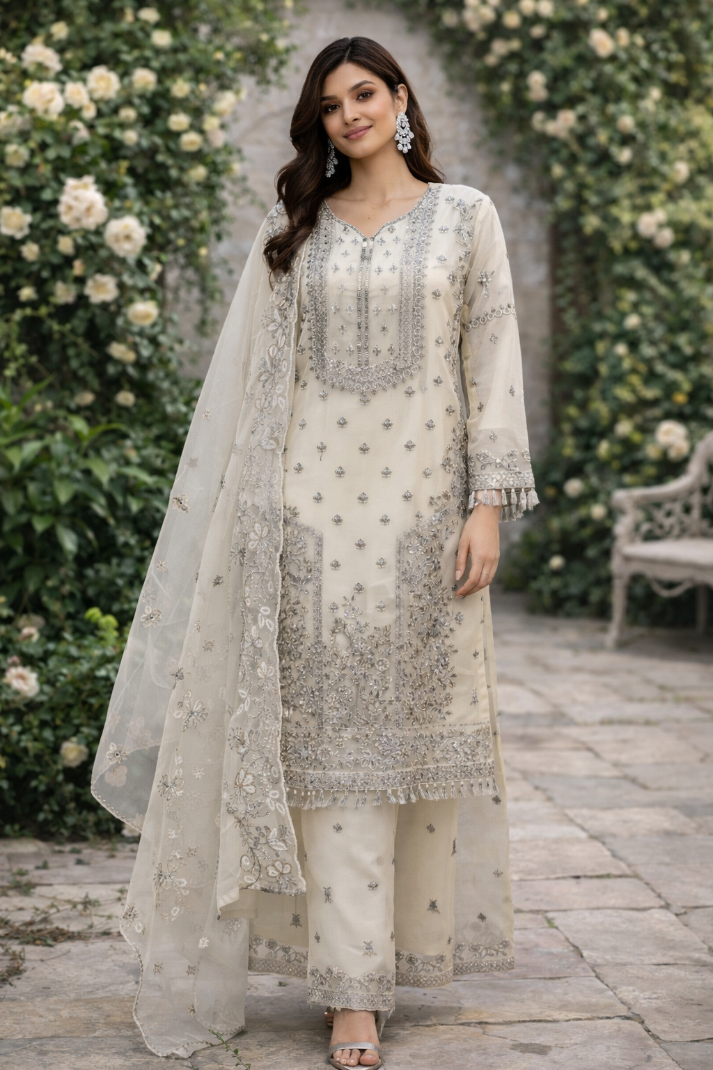 Off White Formal Wear Outfit with Plazzo Style Trouser - ELRR125