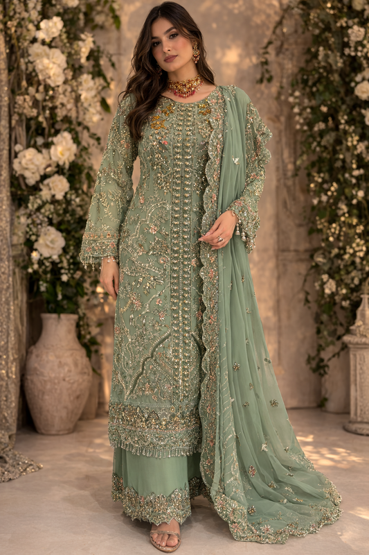Light sage green heavy beaded outfit (EL0H9)