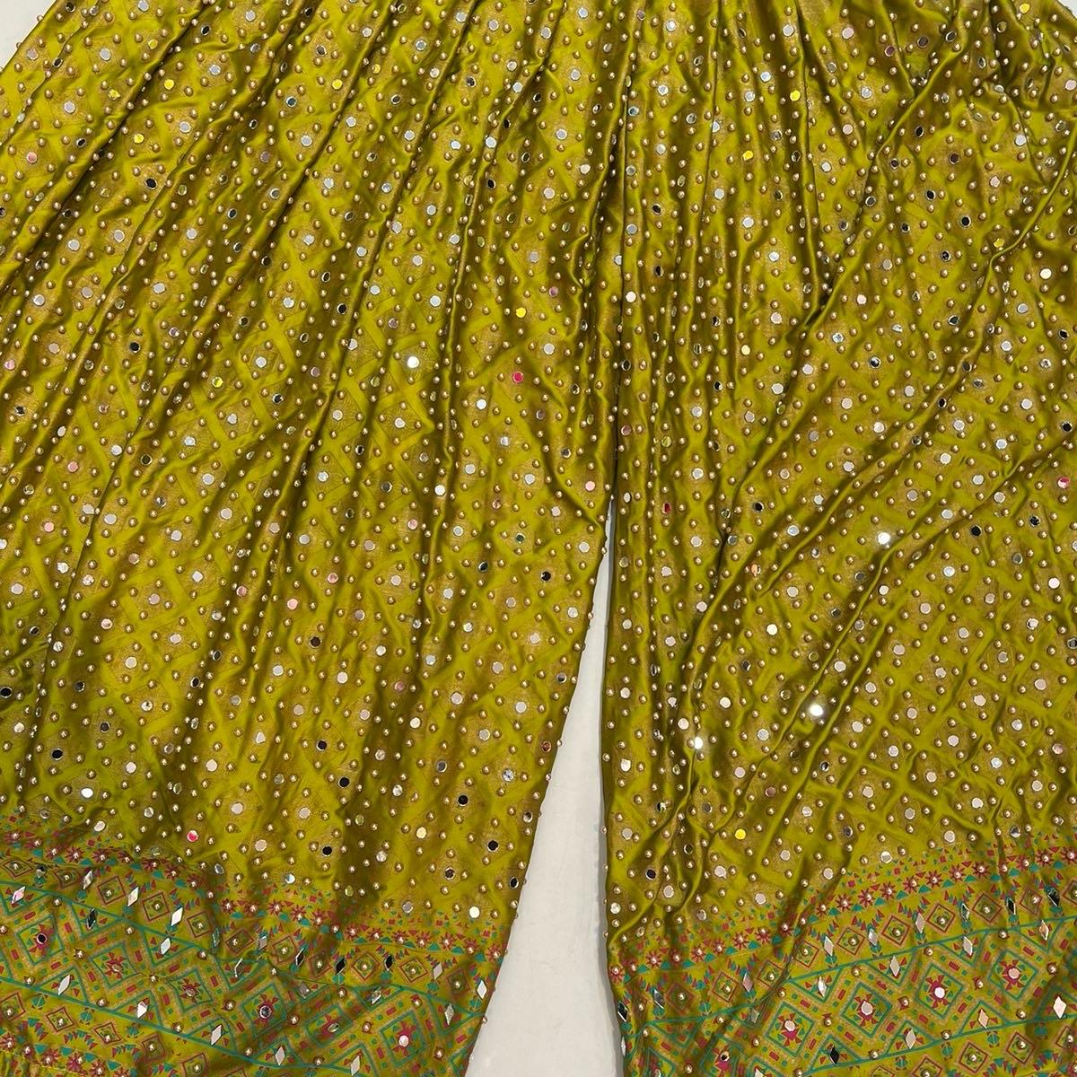 Mehndi Plazo trousers with heavy mirror work and bead.