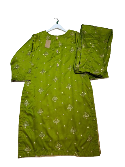 Lime Green Satin Silk 2 Pc Formal Wear - ELRR013