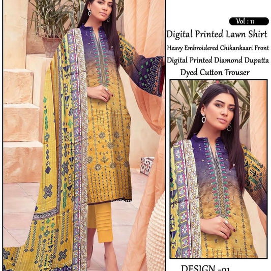 Yellow Chickankaari lawn suit with digital printed shirt and dupatta EL vol 01 - ELRR098