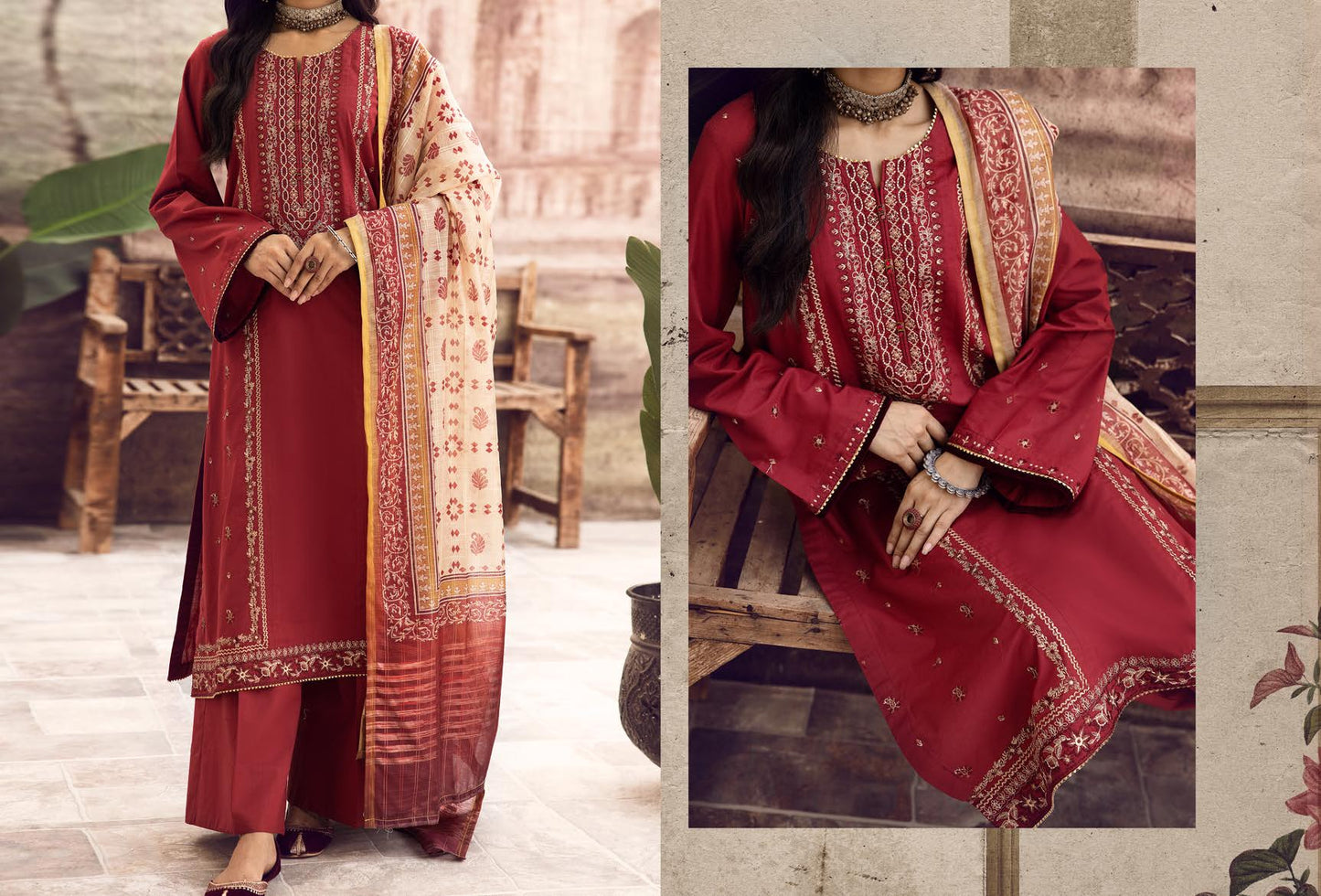 Casuallite Dark Maroon Embroidered Outfit - 3 PC - ELCL008