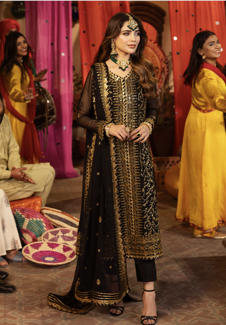 Asim Jofa Black Long Kameez - 3 Piece - ELAJ001