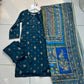 Teal Satin Silk Suite with heavy matching shawl - 3PC - ELRR104