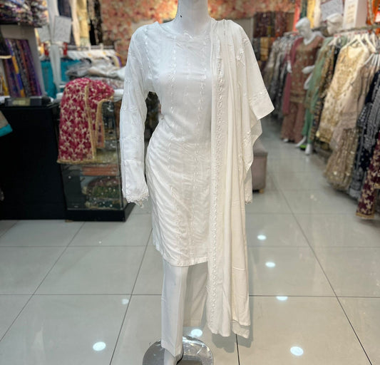 White Thread Work Casual Wear 3 Pc - ELRR017