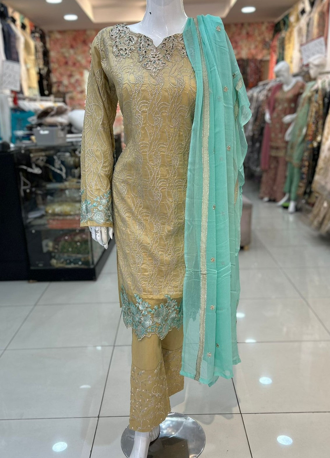 Beige and Aqua Blue Casual Wear with Chiffon Dupatta - ELRR010