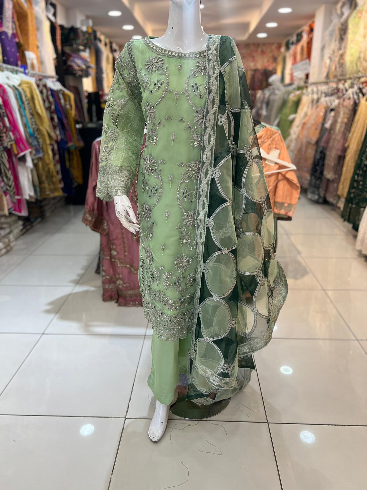 Pista Green Orgenza Embellished Dress - Formal Wear