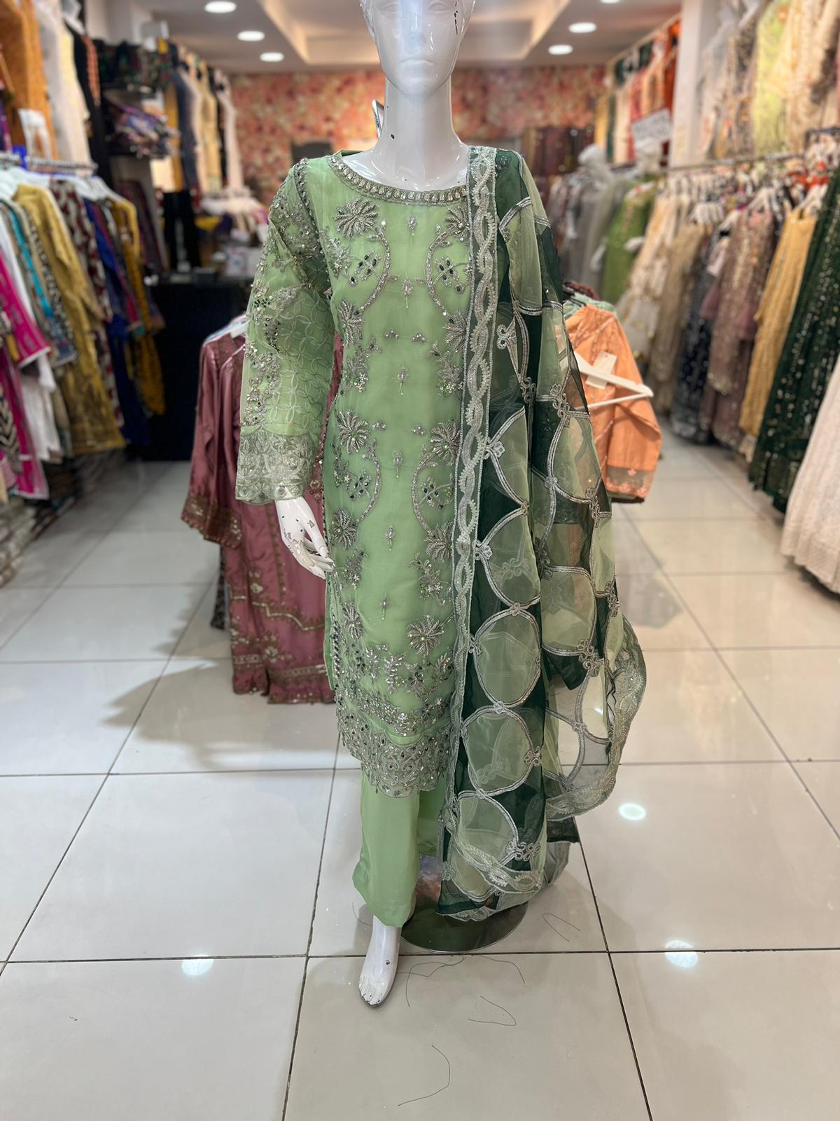 Pista Green Orgenza Embellished Dress - Formal Wear