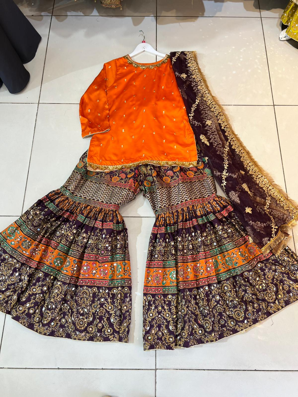 Purple and Orange Mehndi Gharara Set