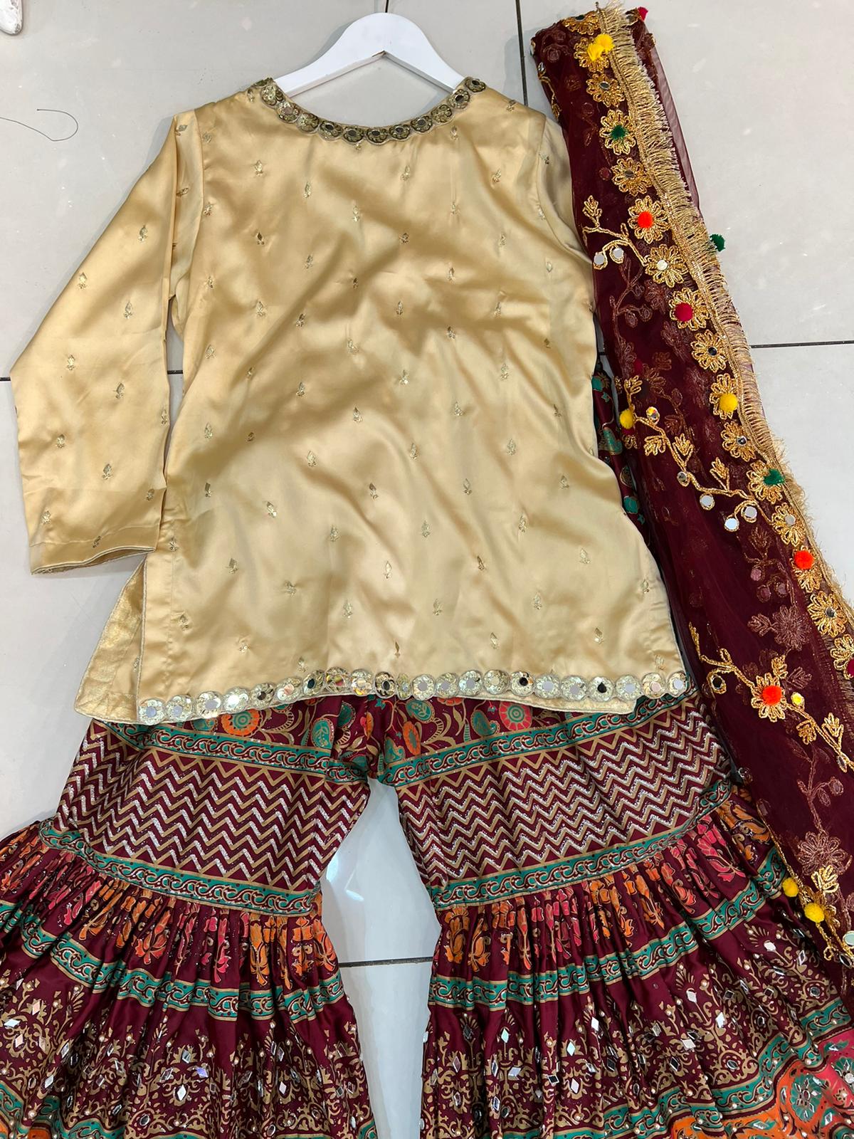 Mahroon and Beige Mehndi Wear Gharara Set