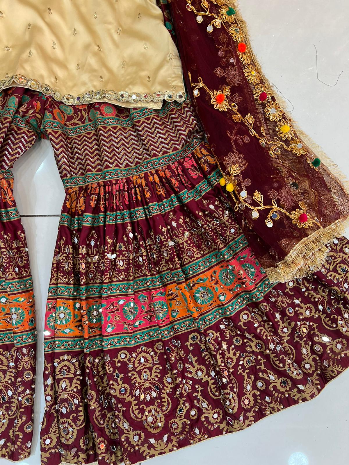 Mahroon and Beige Mehndi Wear Gharara Set