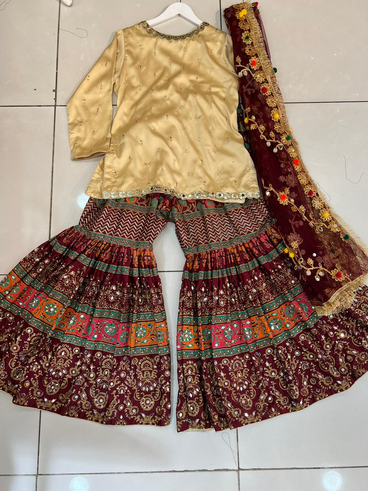 Mahroon and Beige Mehndi Wear Gharara Set