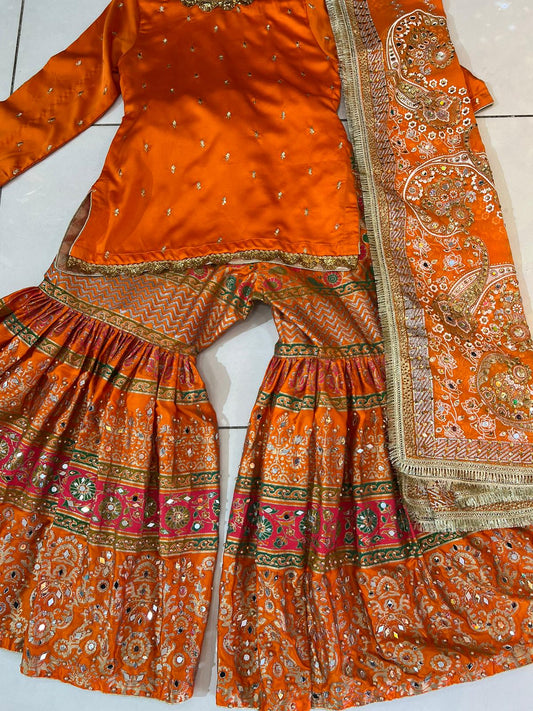 Orange Mehndi Wear Gharara Set