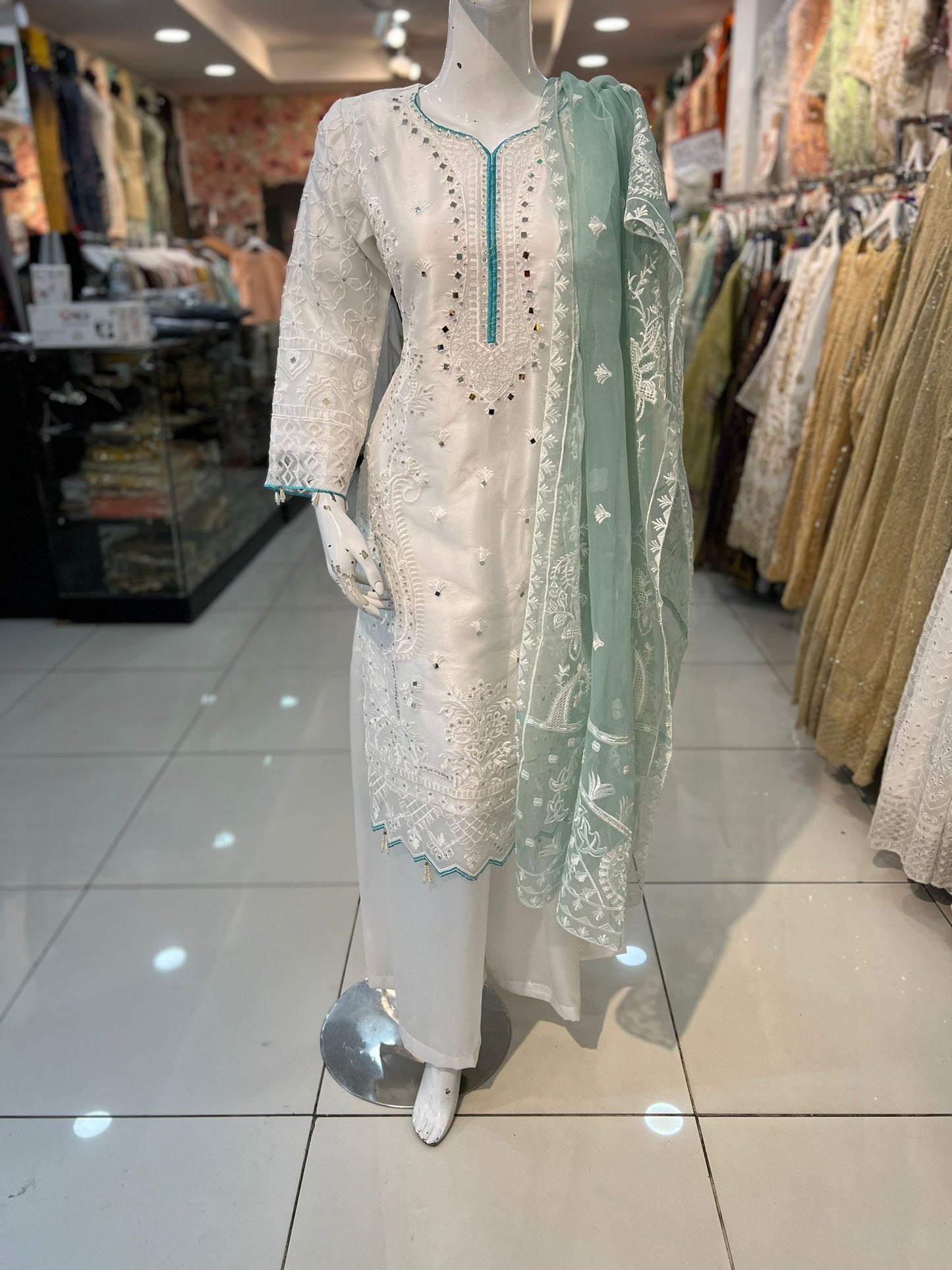 White and Aqua Embroidered 3 Pc Outfit