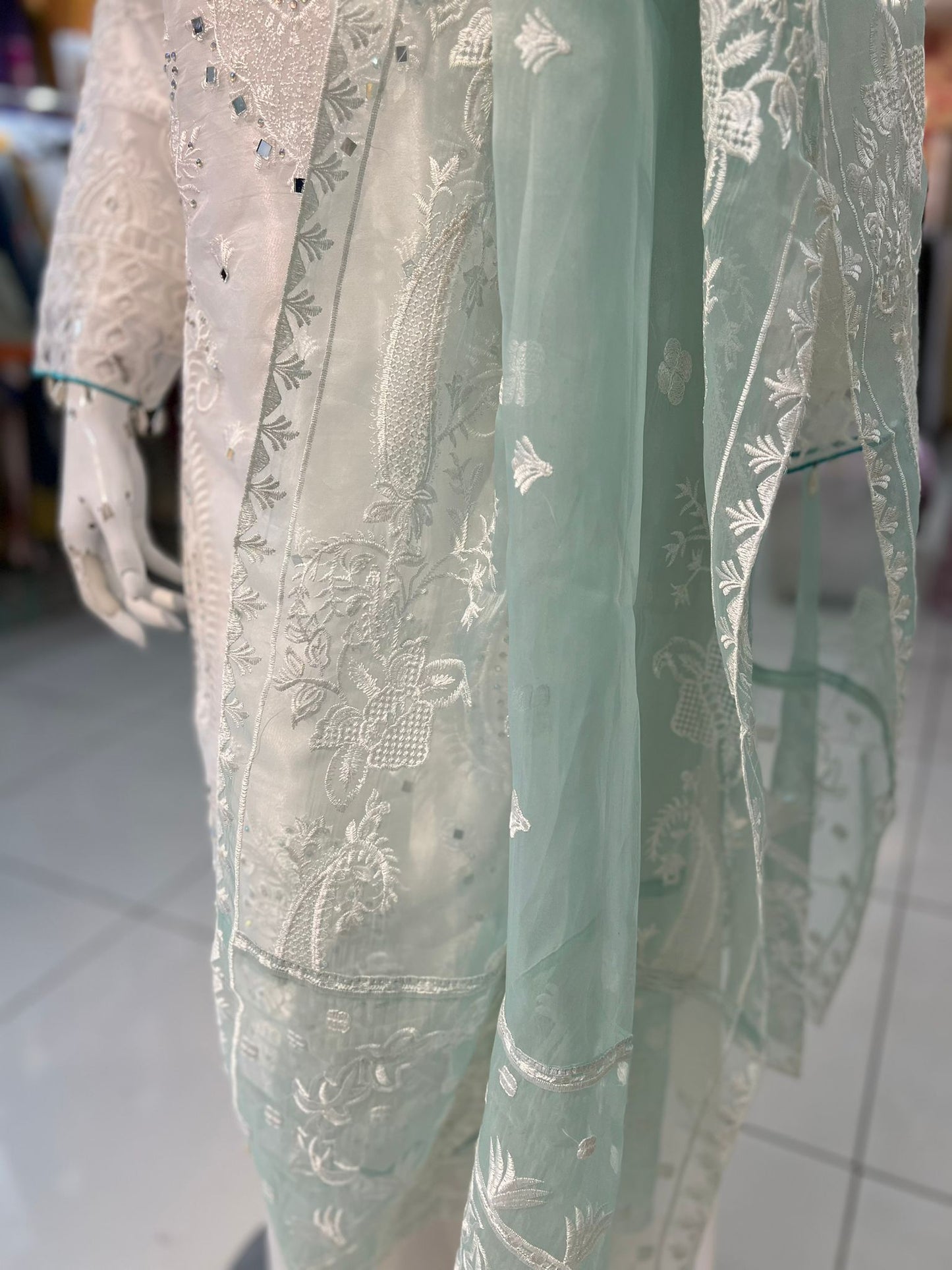 White and Aqua Embroidered 3 Pc Outfit