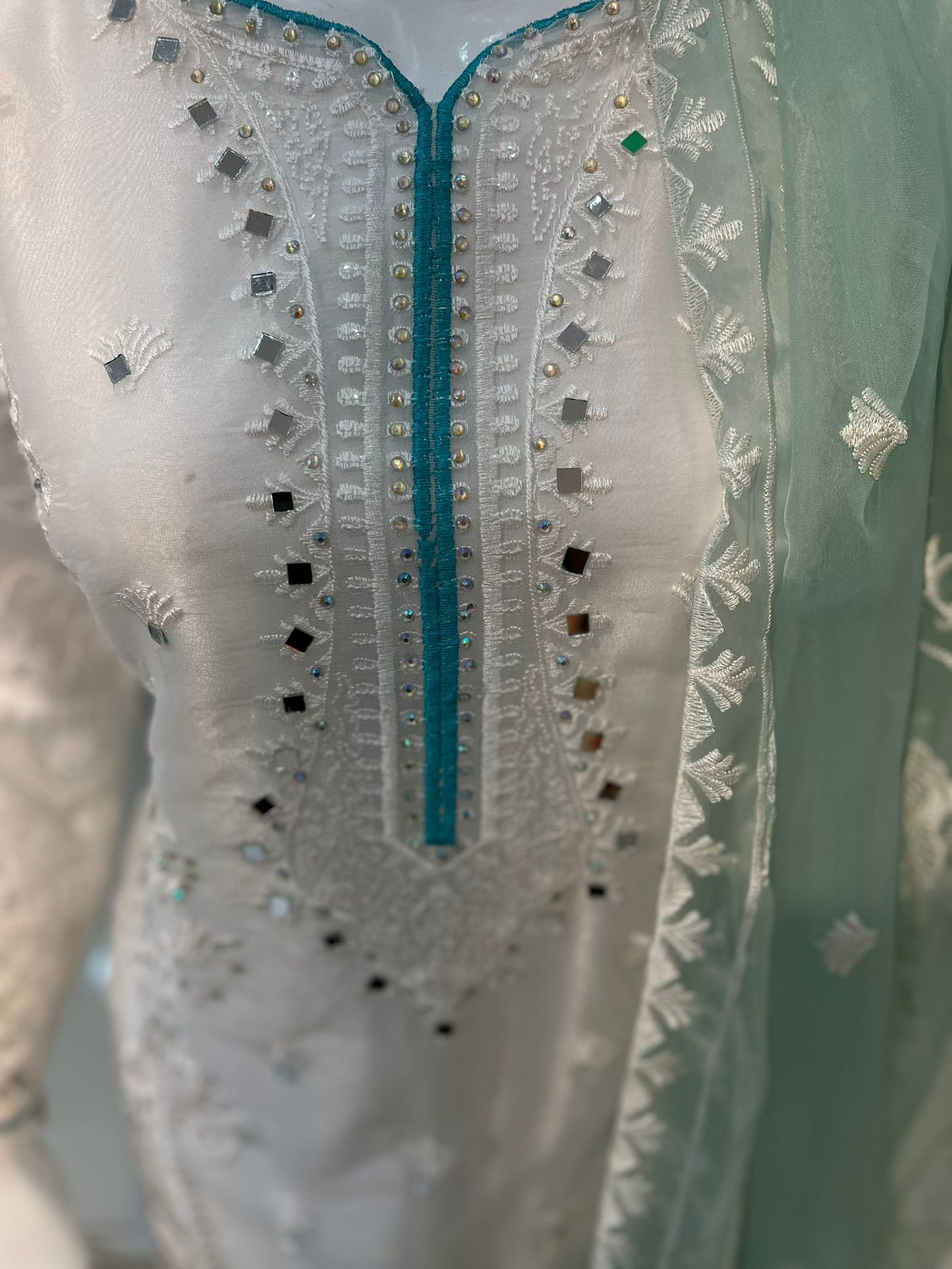 White and Aqua Embroidered 3 Pc Outfit