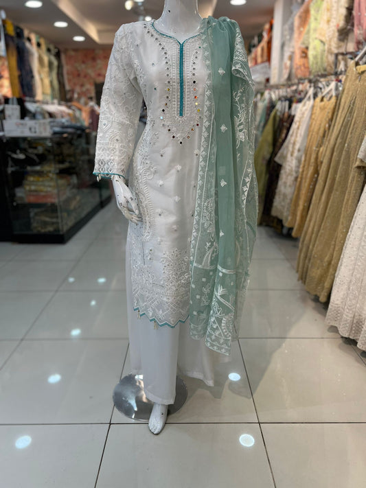 White and Aqua Embroidered 3 Pc Outfit