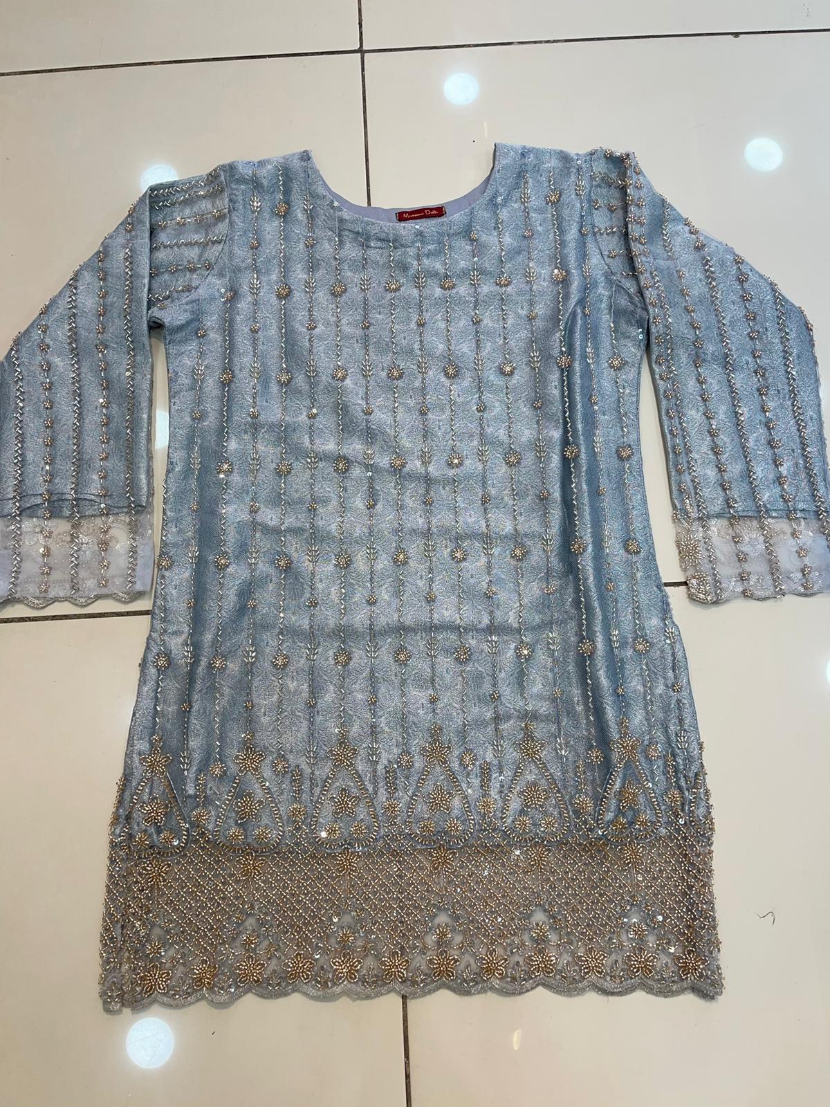 Grey Banarsi Gharara Outfit with Fully embellished Bead work and stone work Net Shirt and Dupatta