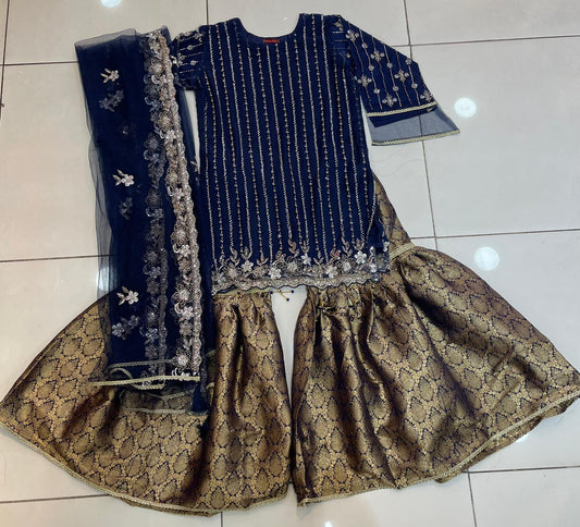 Navy Blue Banarsi Gharara Outfit with Fully embellished Bead work and stone work Net Shirt and Dupatta