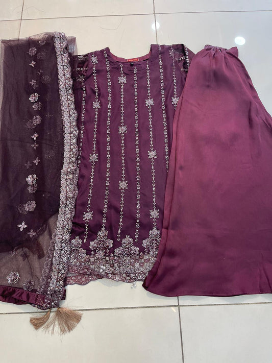 Magenta Plazzo Style Outfit with Fully embellished Bead work and stone work Net Shirt and Dupatta