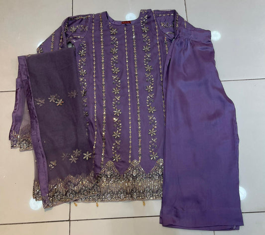 Purple Plazzo Style Outfit with Fully embellished Bead work and stone work Net Shirt and Dupatta