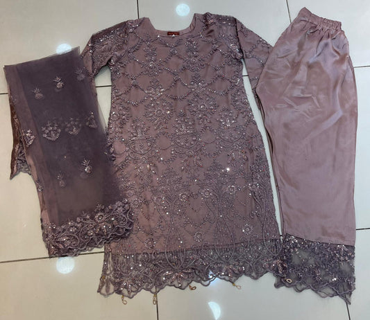 Lilac Formal Wear Outfit with Fully embellished Bead work and stone work Net Shirt and Dupatta