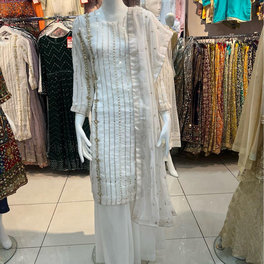 White Fully Embellished with Bead work and plazo style trousers - 3 PC - ELRR095