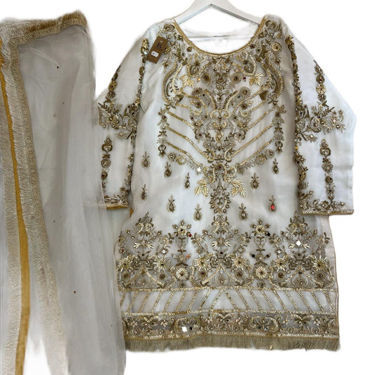 White Orgenza Suit with Net Gharara and Full Bead work - 3 PC - ELRR104