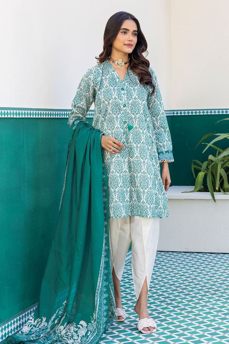 Khaadi Original Green and White 3 Pc Printed Lawn Casual Wear