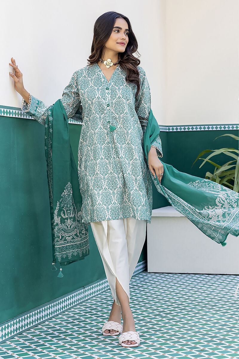 Khaadi Original Green and White 3 Pc Printed Lawn Casual Wear