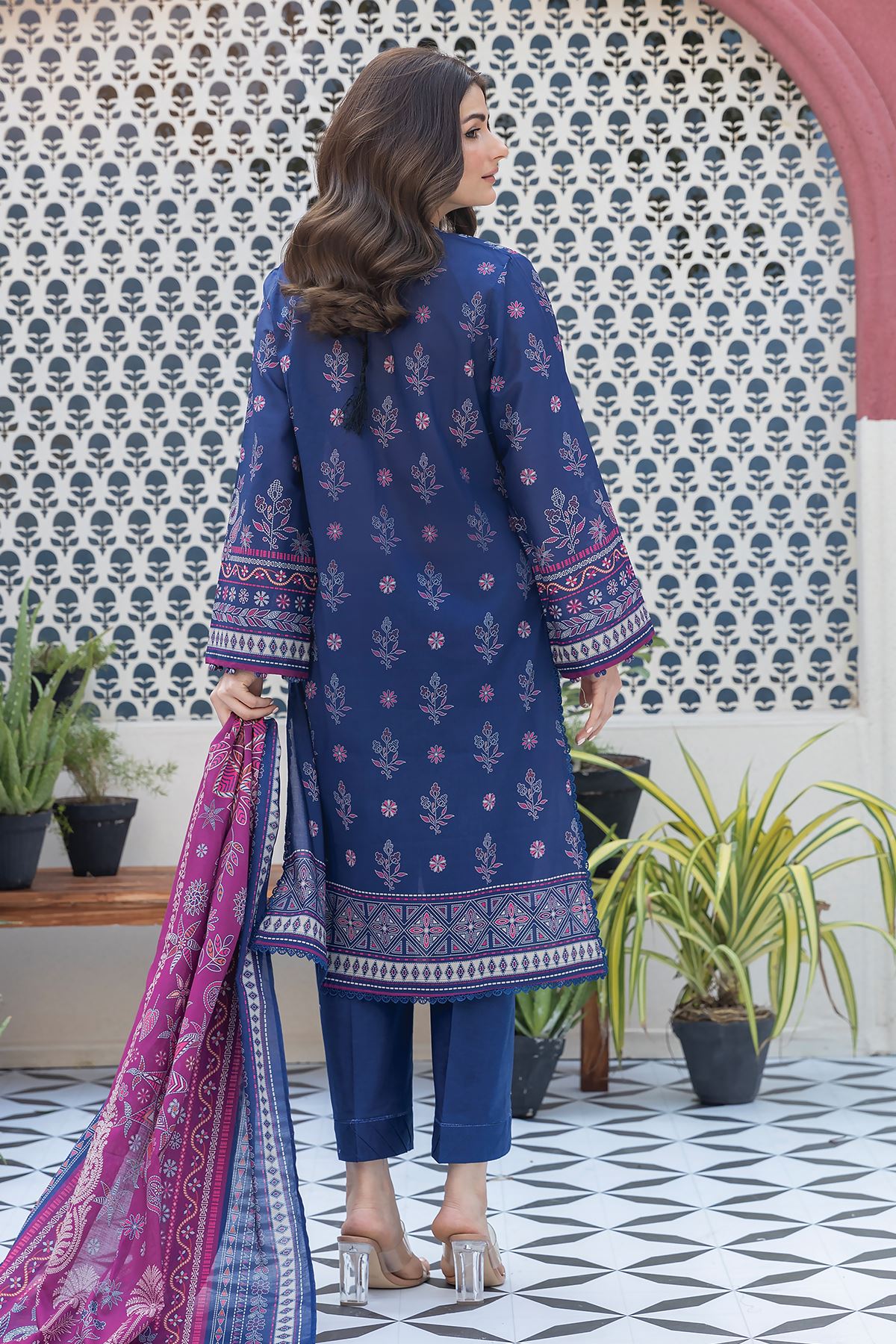 Khaadi Original Navy Blue and Purple 3 pc Printed Lawn Outfit