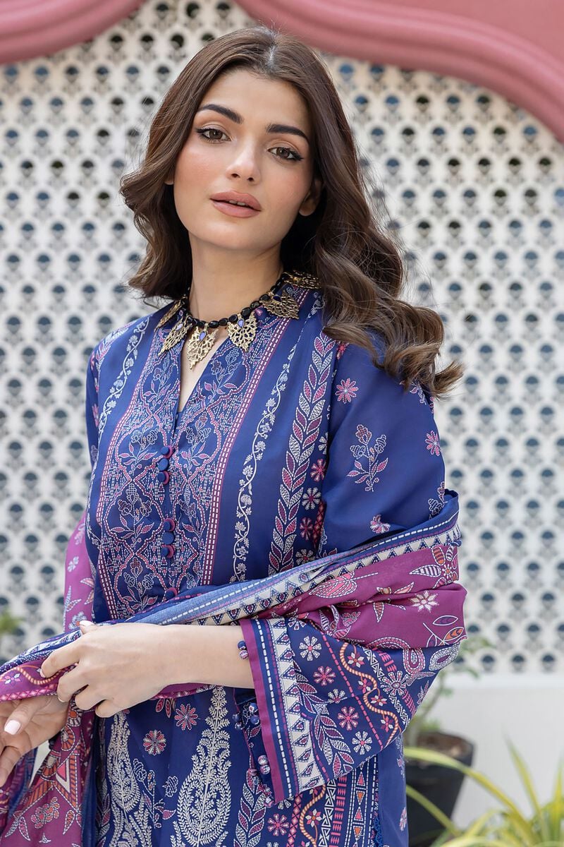 Khaadi Original Navy Blue and Purple 3 pc Printed Lawn Outfit