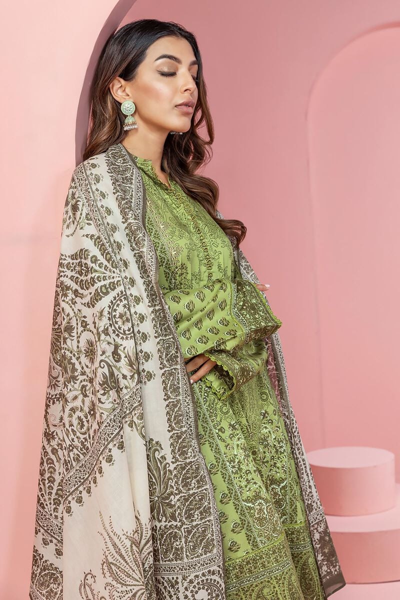 Khaadi Original Olive Green 3 Pc Printed Lawn Casual Wear