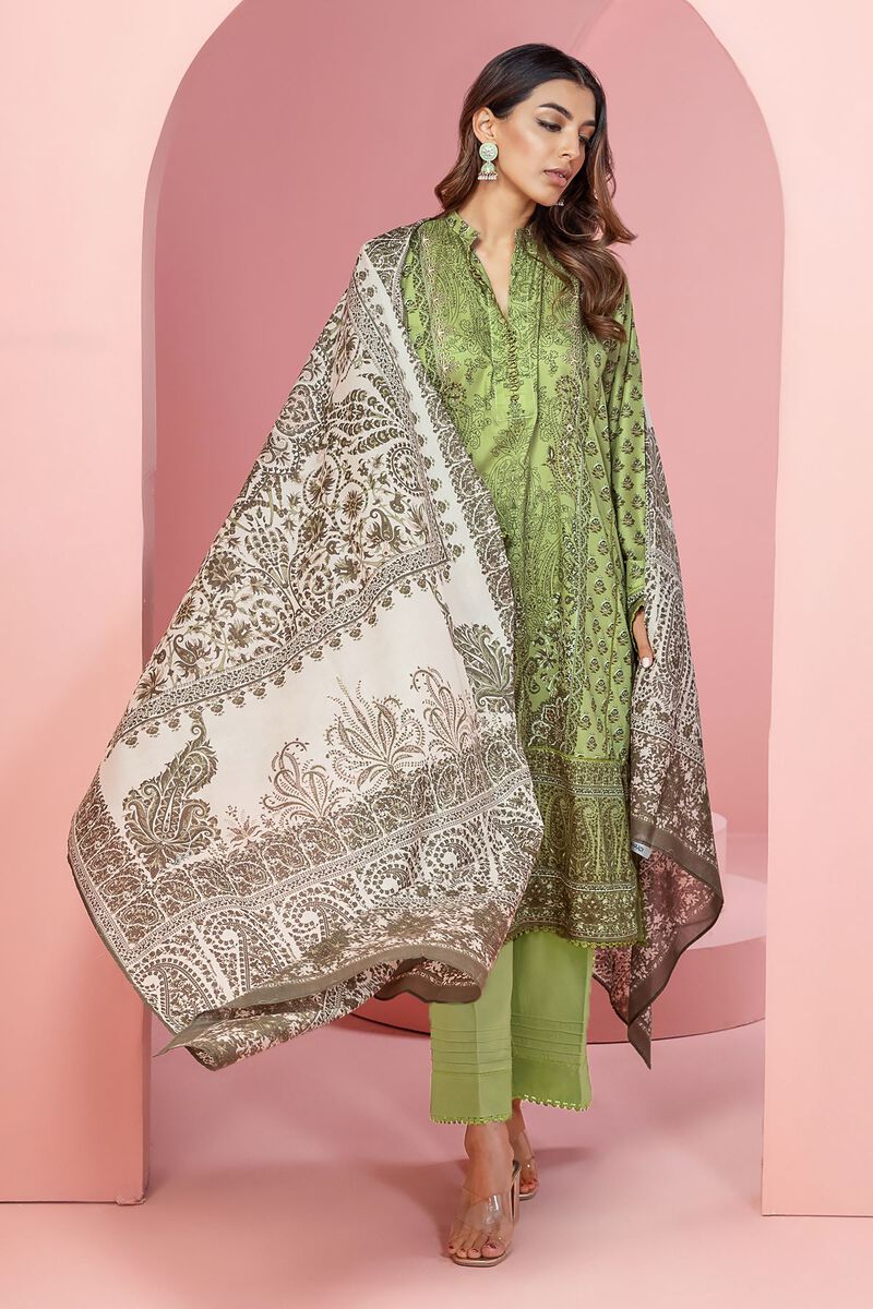 Khaadi Original Olive Green 3 Pc Printed Lawn Casual Wear