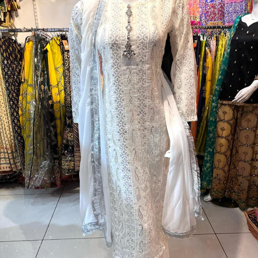 White Outfit with Gharara Style Trouser - ELRR134