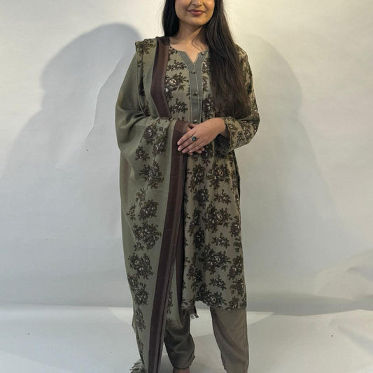 Kottrai Wool 3 Piece Printed Suit with Wool Shawl  - Womenswear, Comfort asian clothing