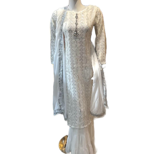 White Outfit with Gharara Style Trouser - ELRR134