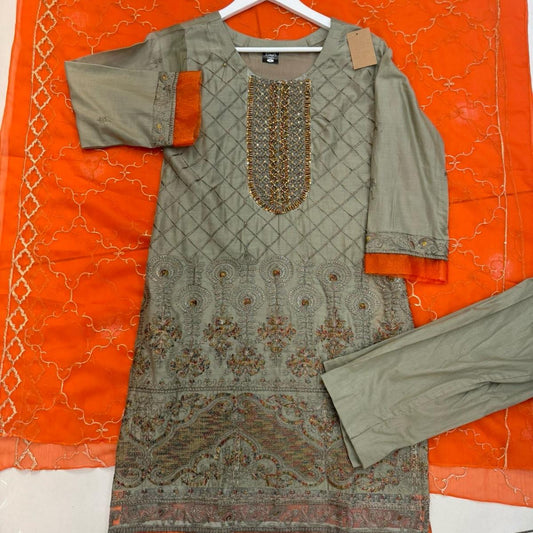 3 piece Casualwear Lawn Suits Womenswear in Orange and Beige Color