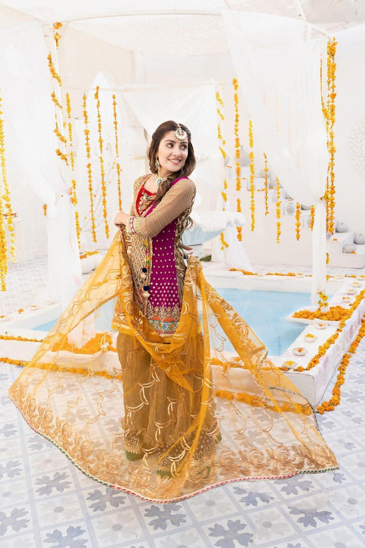 Khuda Baksh Multi Color Mehndi Wear with Sharara- 3 Pc - ELKB002