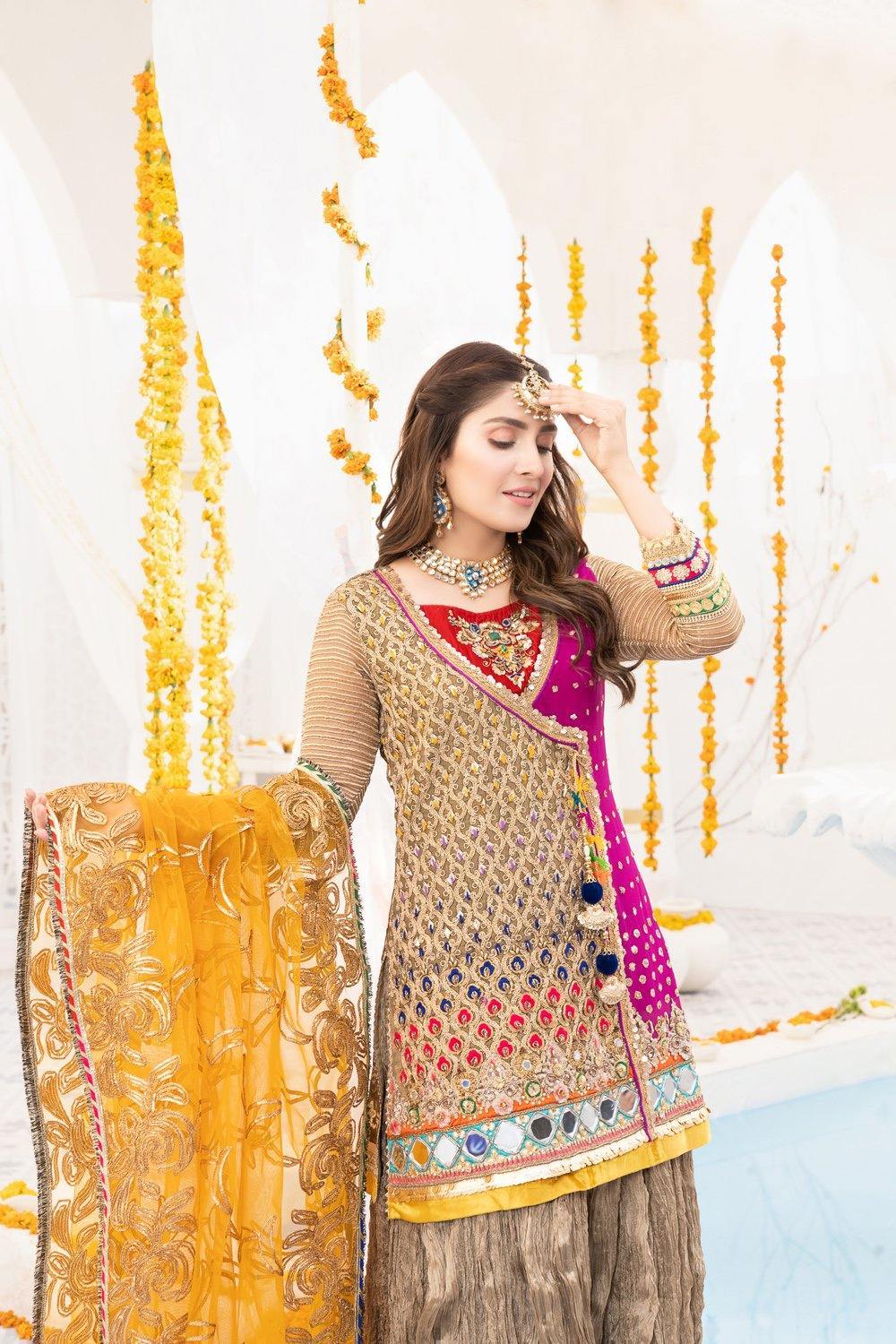 Khuda Baksh Multi Color Mehndi Wear with Sharara- 3 Pc - ELKB002