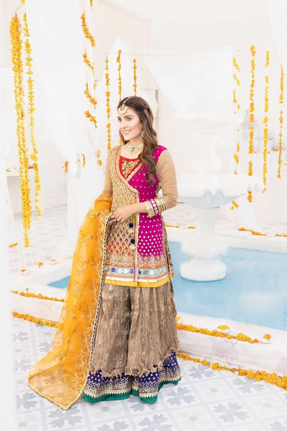 Khuda Baksh Multi Color Mehndi Wear with Sharara- 3 Pc - ELKB002