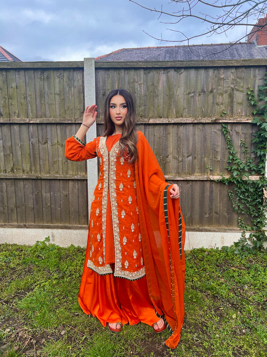 Burnt Orange Jacket Style Sharara Outfit- ELRR036