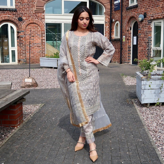 Grey Outfit with Thread Work   - 3 PC - ELRR054