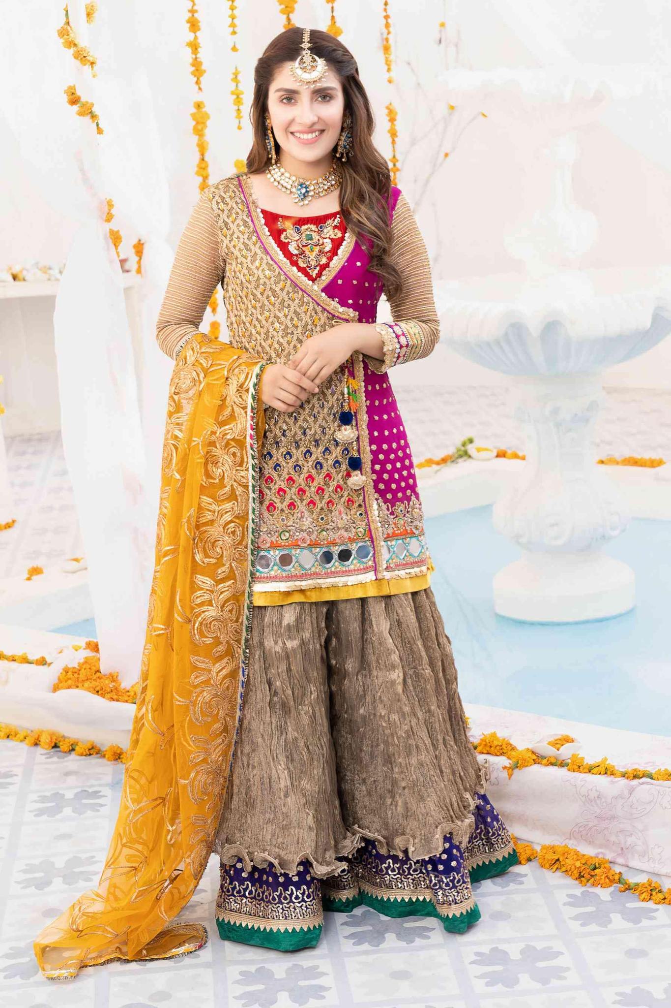 Khuda Baksh Multi Color Mehndi Wear with Sharara- 3 Pc - ELKB002