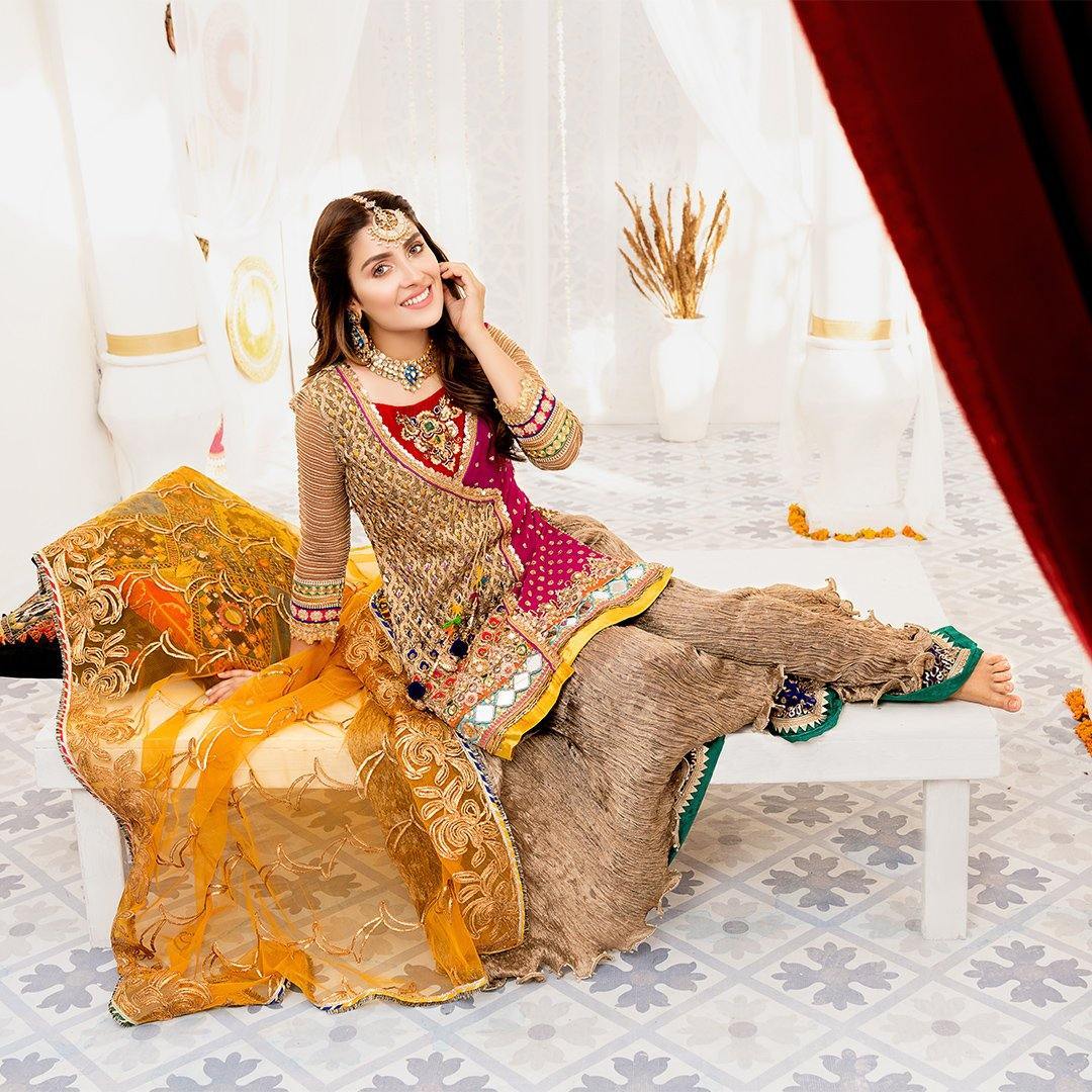Khuda Baksh Multi Color Mehndi Wear with Sharara- 3 Pc - ELKB002