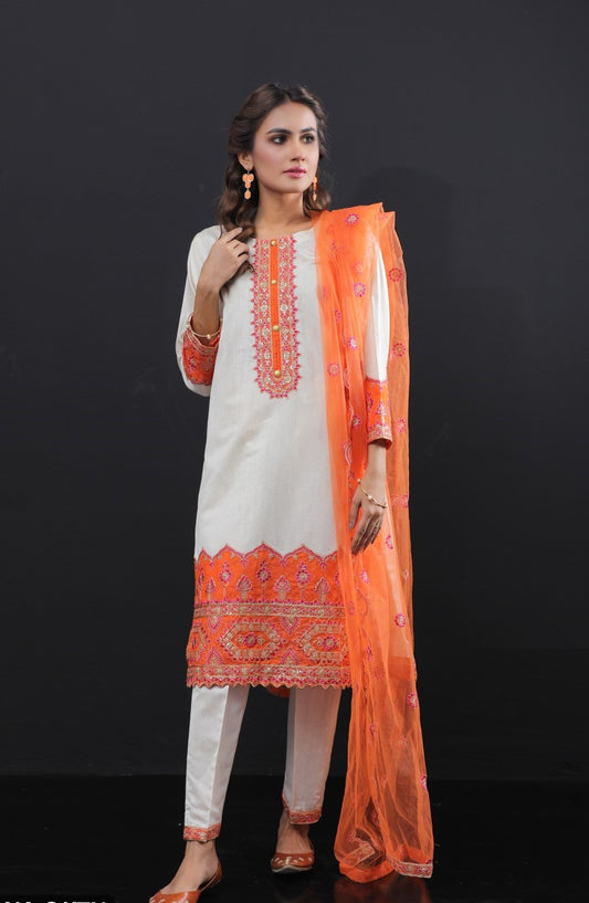 Shaposh Cream Formal Wear with Orange Thread Work and Dupatta - 3 pc - ELSP009