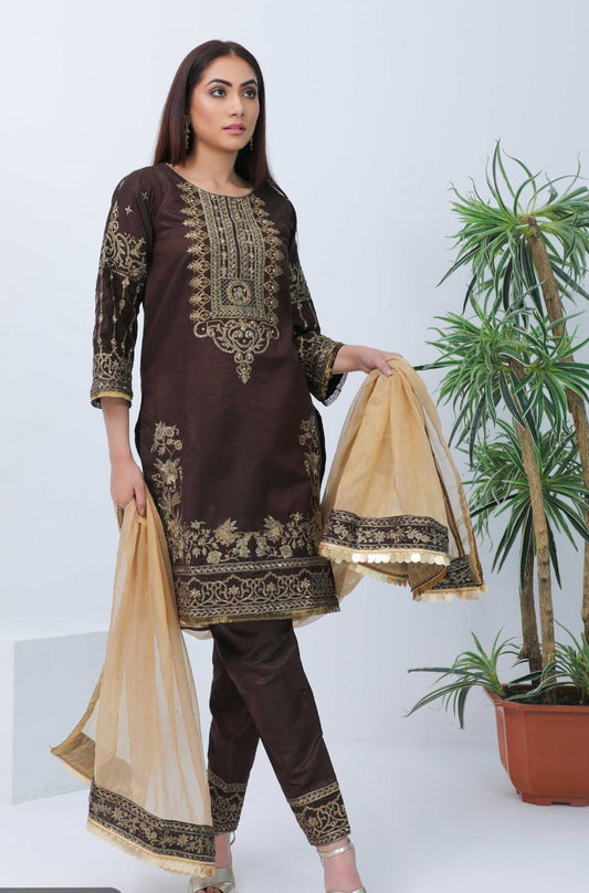 Dark Brown Formal Wear with Golden Work - 3 Pc - ELRR56