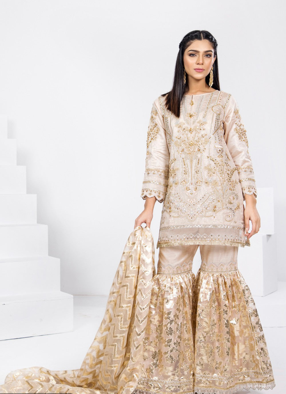 Shaposh Beige Gharara - Formal Wear - 3 Pc - ELSP008
