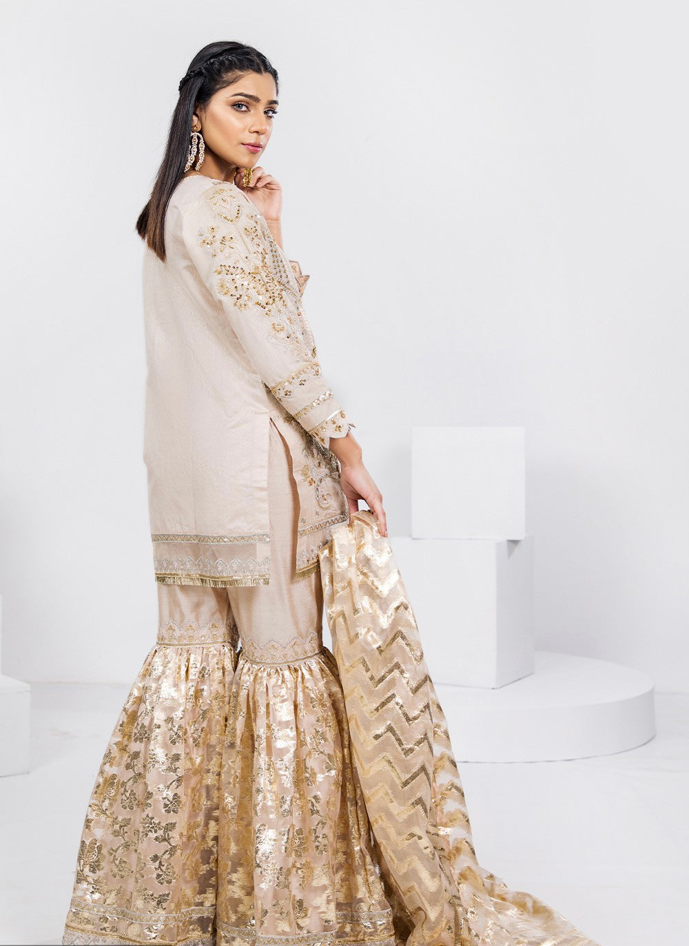 Shaposh Beige Gharara - Formal Wear - 3 Pc - ELSP008
